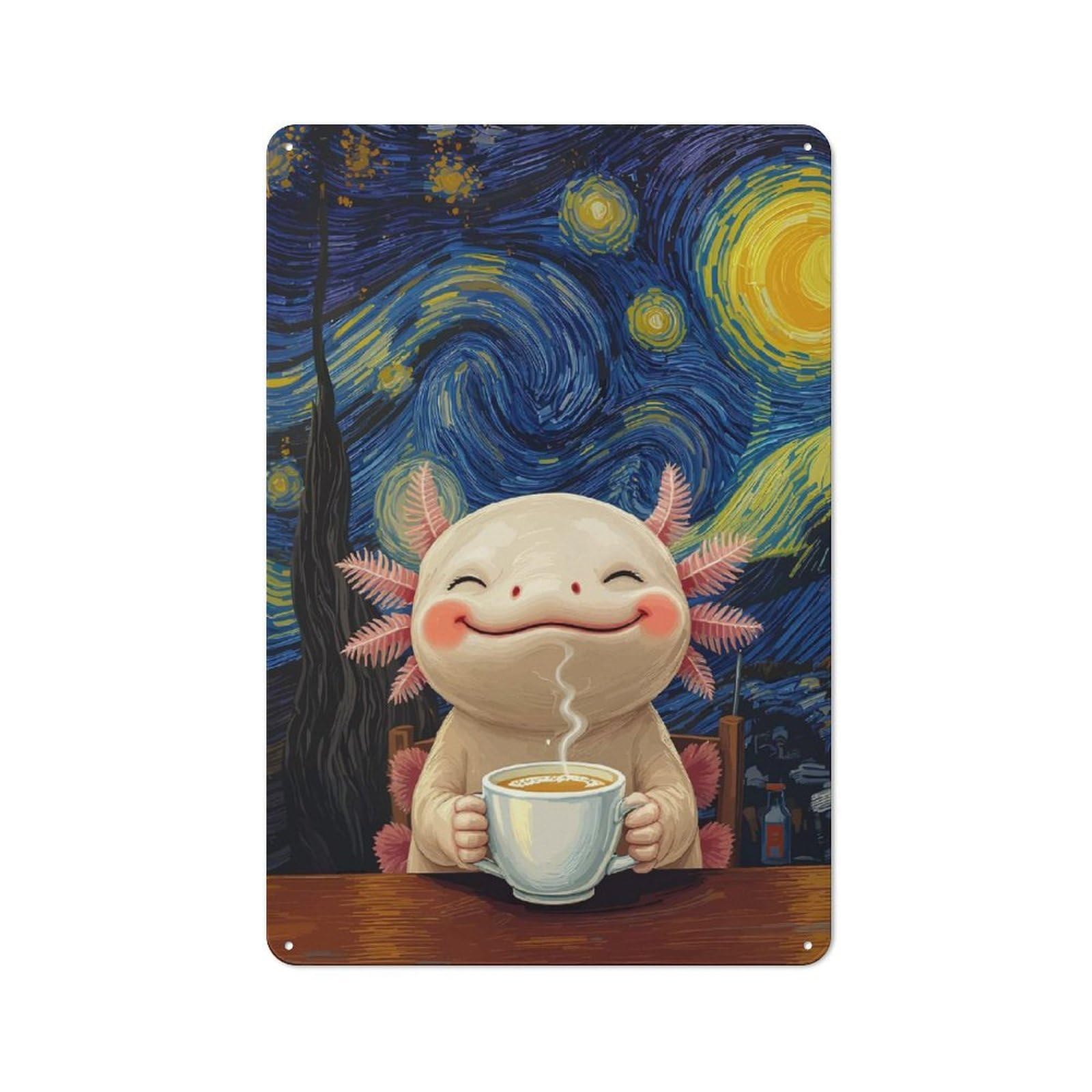 Junmoney Style-14 Axolotl Enjoying Coffee, Starry Night Rustic Metal Sign 30X20cm, Barn Style Farmhouse Wall Decor For Kitchen, Cottage, Porch Or Garden Room