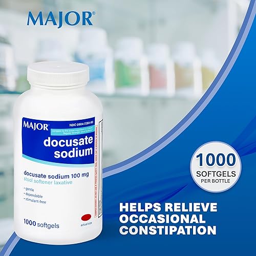 Miniatura 2 de MAJOR Docusate Sodium 100 mg, laxante suavizante de heces para alivio ocasional del estreñimiento, suave, confiable, sin estimulantes, 1000 cápsulas