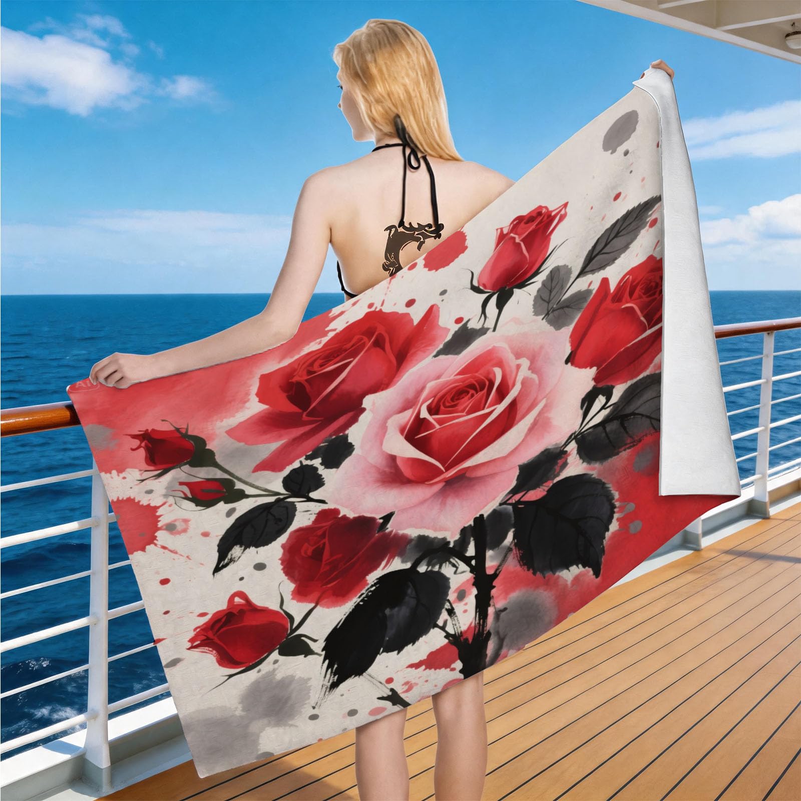 Hongduo Microfiber Quick Dry Beach Towel Rose Printed, 3D Splash Ink Rose Beach Towels Absorbent Fast Drying Bath Towels, Travel Camping Gym Swimming Bathroom (70x150cm)