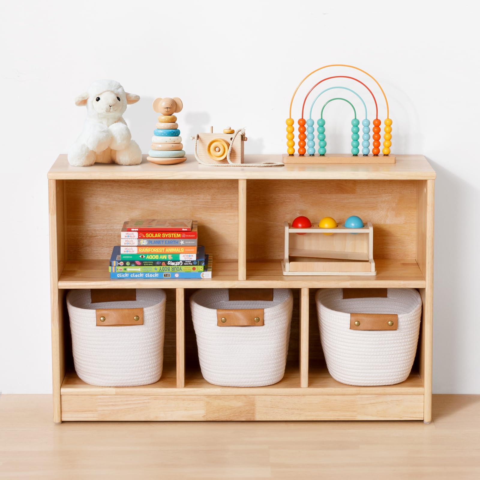 OOOK Estantería infantil de madera de goma, para juguetes, con 2 compartimentos grandes y 3 compartimentos pequeños, estantería para habitación infantil, sala de juegos y guardería, 90 x 30 x 60 cm
