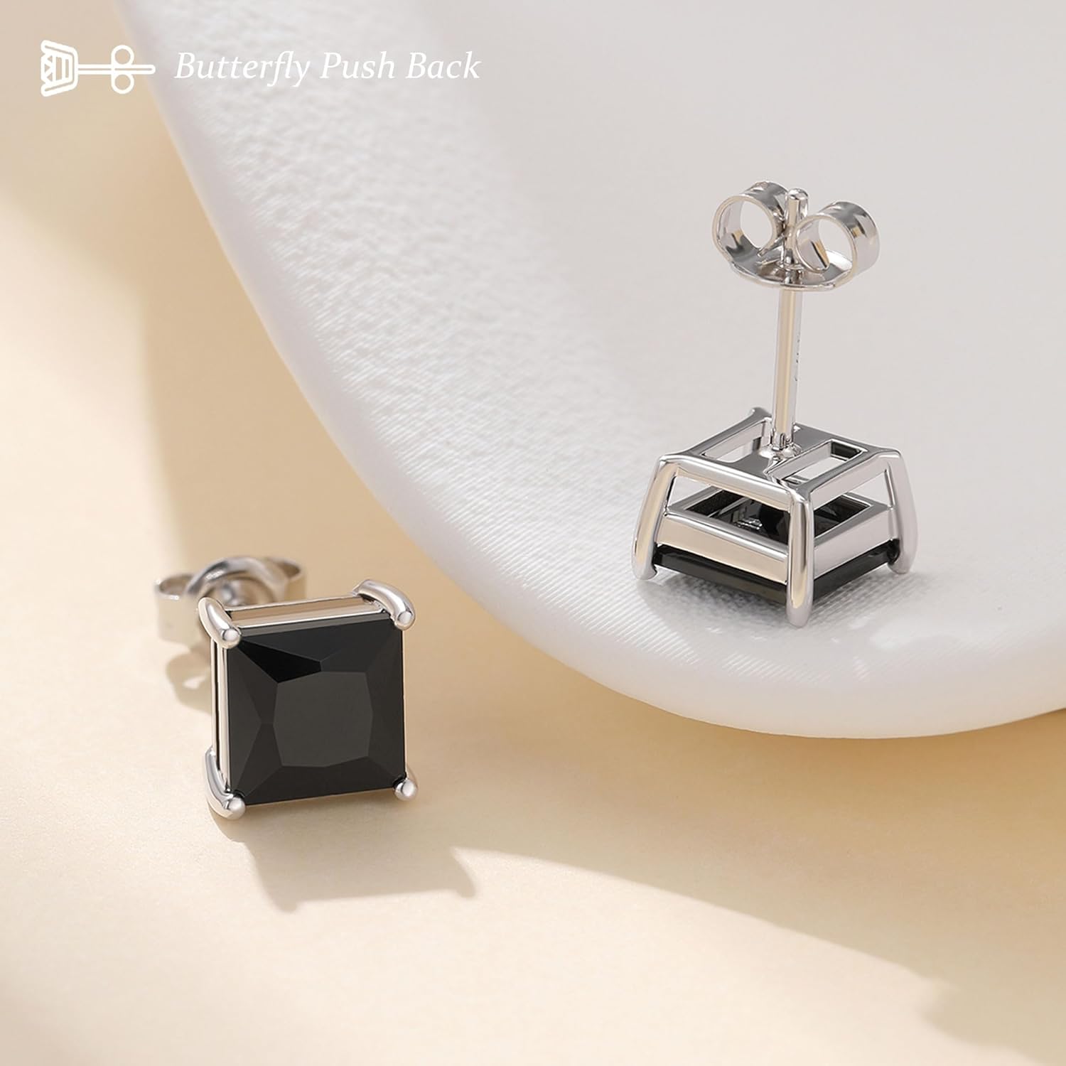 Square Cut Black CZ Diamond Stud Earrings for Women, 925 Sterling Silver 18K White Gold Plated 4 Prong Design with 4 to 7 MM Simulated Diamonds Earring - Image 3