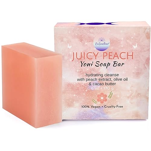 ExSoullent Peach Yoni Jabón de 6 onzas hecho a mano y natural equilibrado de pH para mujeres, limpieza hidratante sin sulfatos ni parabenos (6.00oz)
