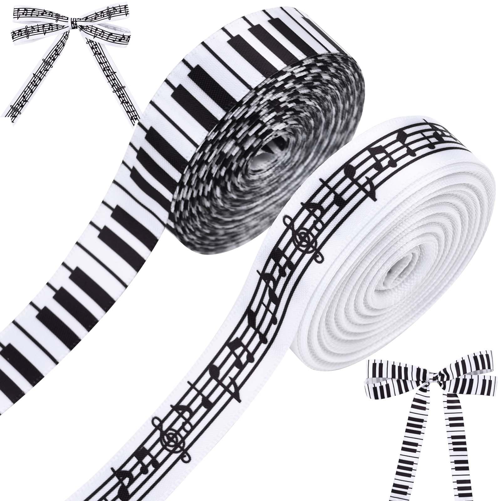 2 Rolls 20 Yards Music Satin Ribbon, 5/8 Inch Piano Keys Musical Notes Craft Ribbon Black and White Fabric Ribbon for Gift Packaging Party Decoration Sewing Craft