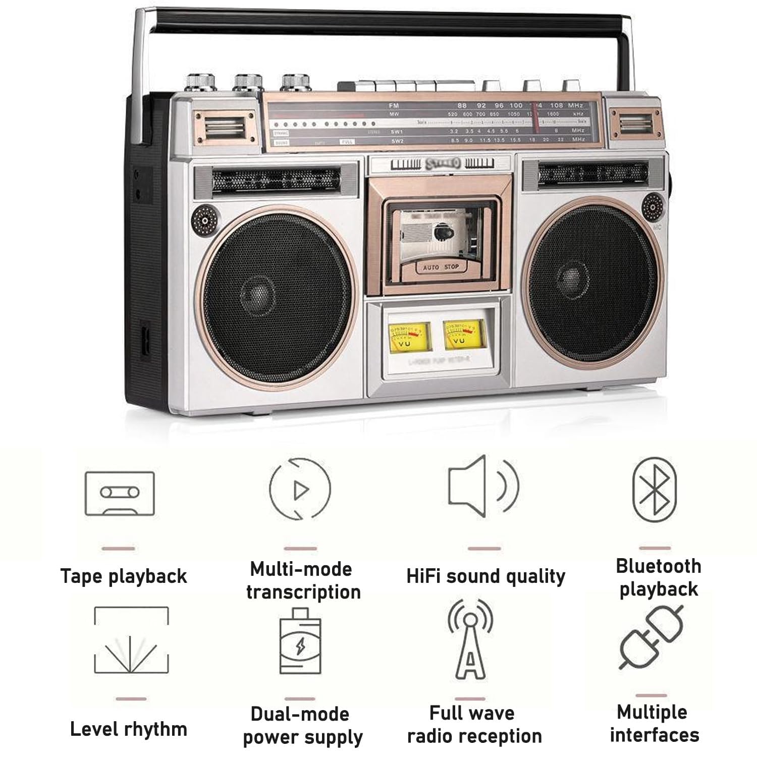 Récepteur de cassette Bluetooth portable avec haut-parleur, prise en charge SD, USB, radio FM pour la maison, les voyages, les fêtes