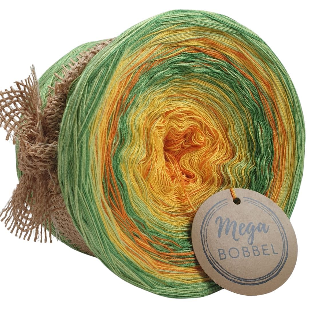 MegaBobbel*Strudel mit Grün & Gelb*A473* (Außenfarbe: Froschgrün+Blattgrün) Farbverlaufsgarn - Lace Garn Bobbel Wolle zum Häkeln & Stricken - 50% Baumwolle/50% Polyacryl (4 fädig, 3750m)