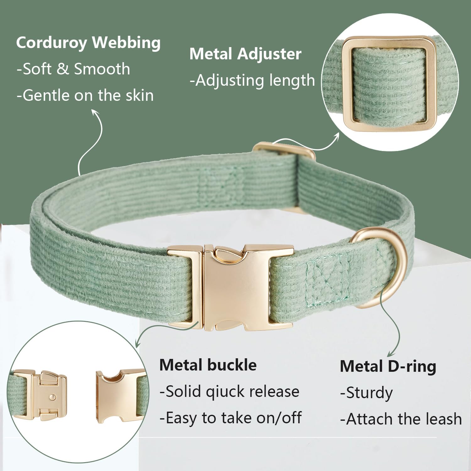 Petiry Green Dog Collar with Safety Metal Buckle Adjustable Durable Comfort Velvet Corduroy Puppy Collars for Small Dogs Neck 25-38cm,Laurel Green - Image 3