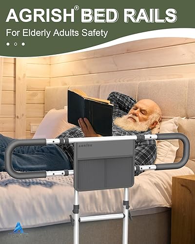 Miniatura 3 de Agrish Rieles de cama para adultos mayores de seguridad Barandilla de asistencia de cama con luz de movimiento y bolsa de almacenamiento Rieles