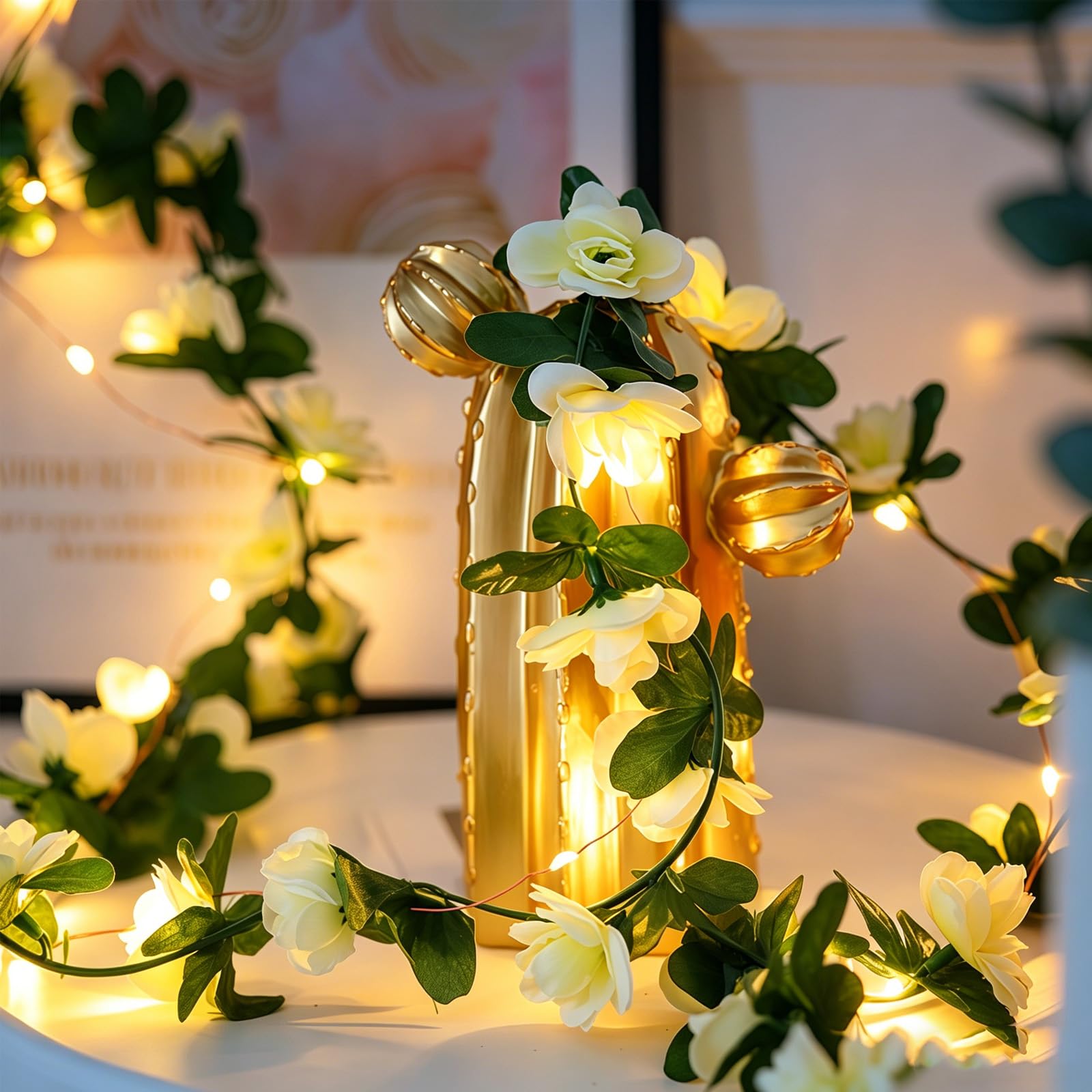 AWSOLAR 6.56FT White Rose Flower Fairy Lights Battery Operated, Fairy String Lights for Wedding, Party, Garden, Balcony, Table, Wall Decor