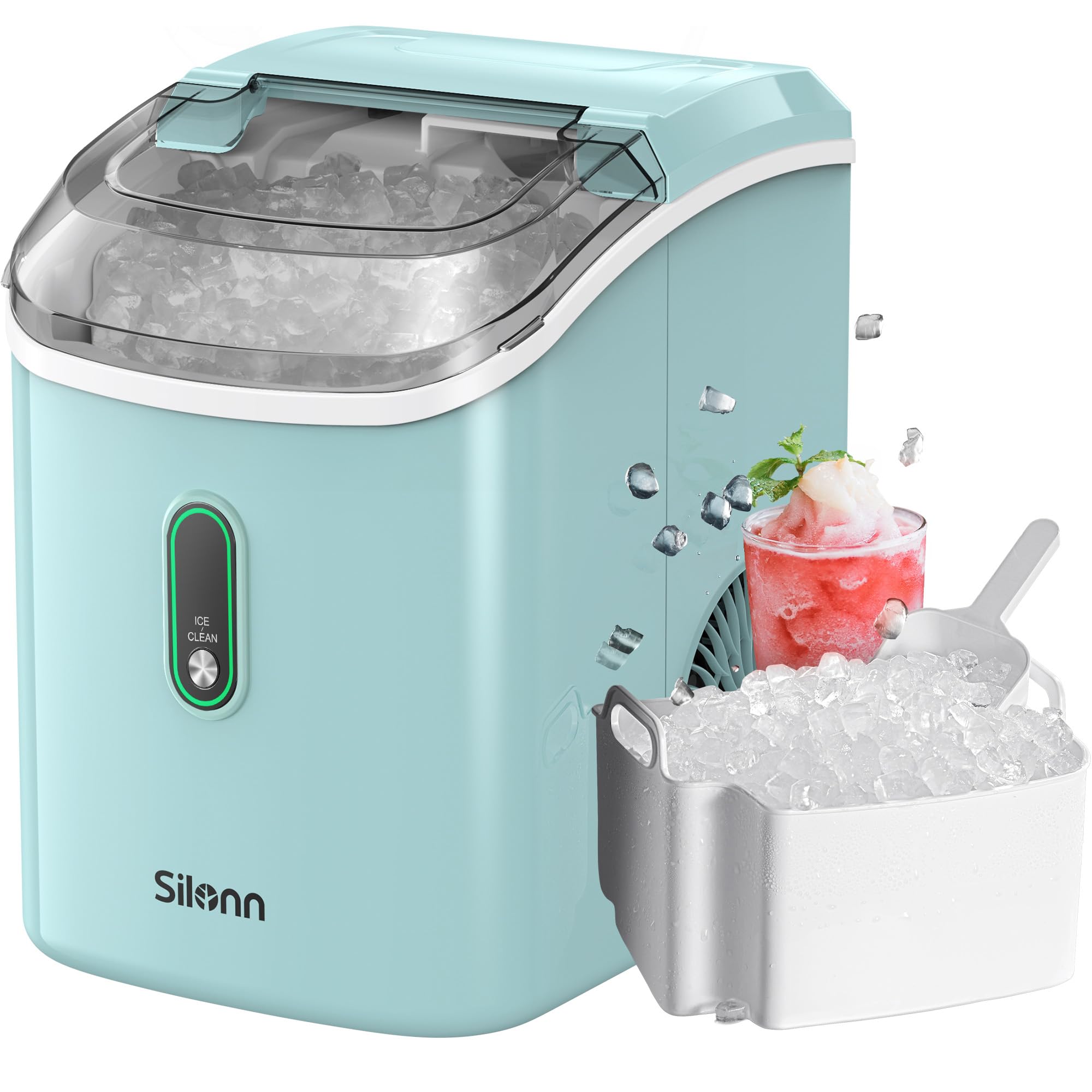 Silonn Nugget Ice Maker Countertop, Portable Pellet Ice Machine with Self-Cleaning Function, Sonic Ice Maker Produces 33lbs of Chewable Ice in 24 Hours, Ideal for Home Kitchen and Office, Green