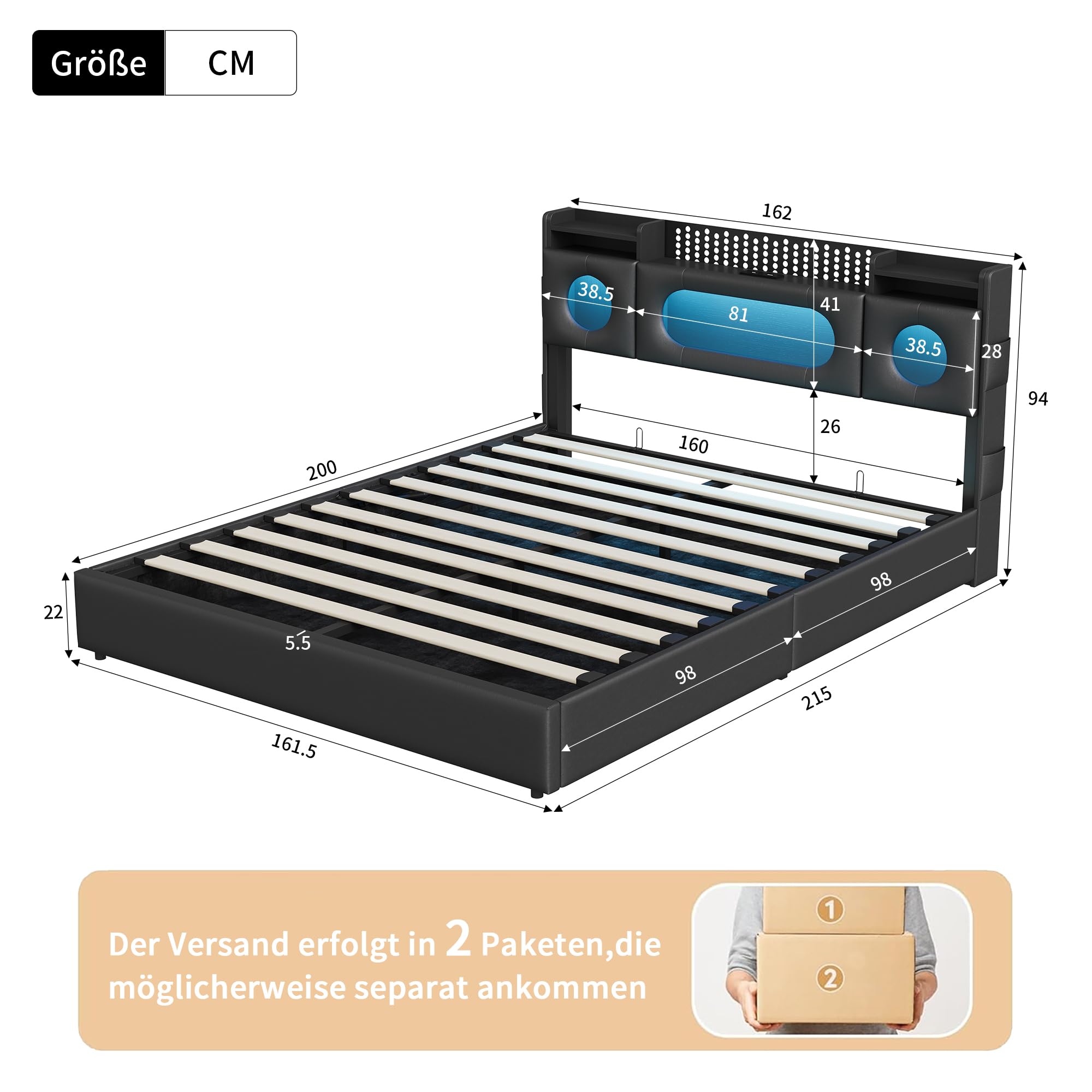 Łóżko tapicerowane, podwójne 160 x 200, łóżko podwójne z miejscem do przechowywania, zagłówkiem i hydraulicznym, zagłówek LED z USB typu C i schowkiem, łóżko młodzieżowe 160 x 200 cm, ze