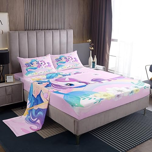 Miniatura 2 de Erosebridal Sábanas de sirena azul para niñas, juego de sábanas de unicornio lindo tamaño matrimonial, 4 piezas para niños, sábanas de arcoíris