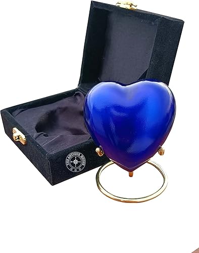 Urna de cremación azul para cenizas, urna de corazón de recuerdo con caja negra y soporte de latón, mini urna para tu ser querido, adulto y entierro