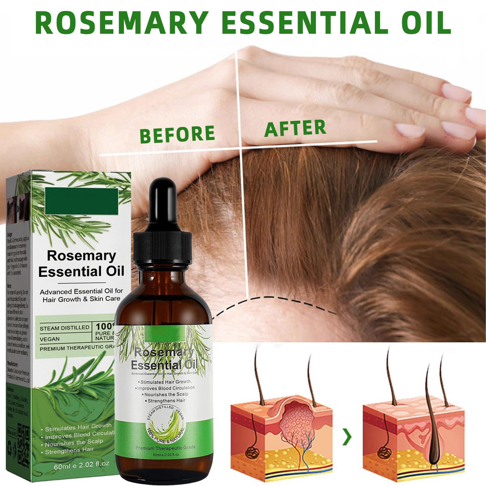 Aceite de Romero Para el Cabello, Aceite de Romero Para Mujeres y Hombres, Orgánic Rosemary Oil de La Piel, Cejas, Pestañas, Nutre el Cuero Cabelludo y Estimula el Crecimiento del Cabello (60ML) — view 5