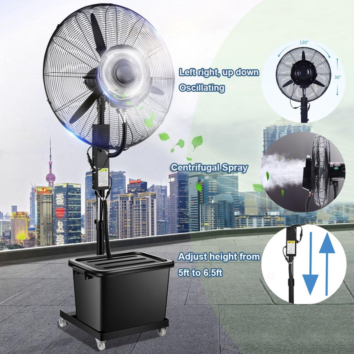25" 29" Floor Misting Fan for Outdoor Heavy Duty Spray Fan 3 Strong Winds with Water Tank Commercial Cooling Fan Industrial Oscillation Pedestal Fan(29.5in)