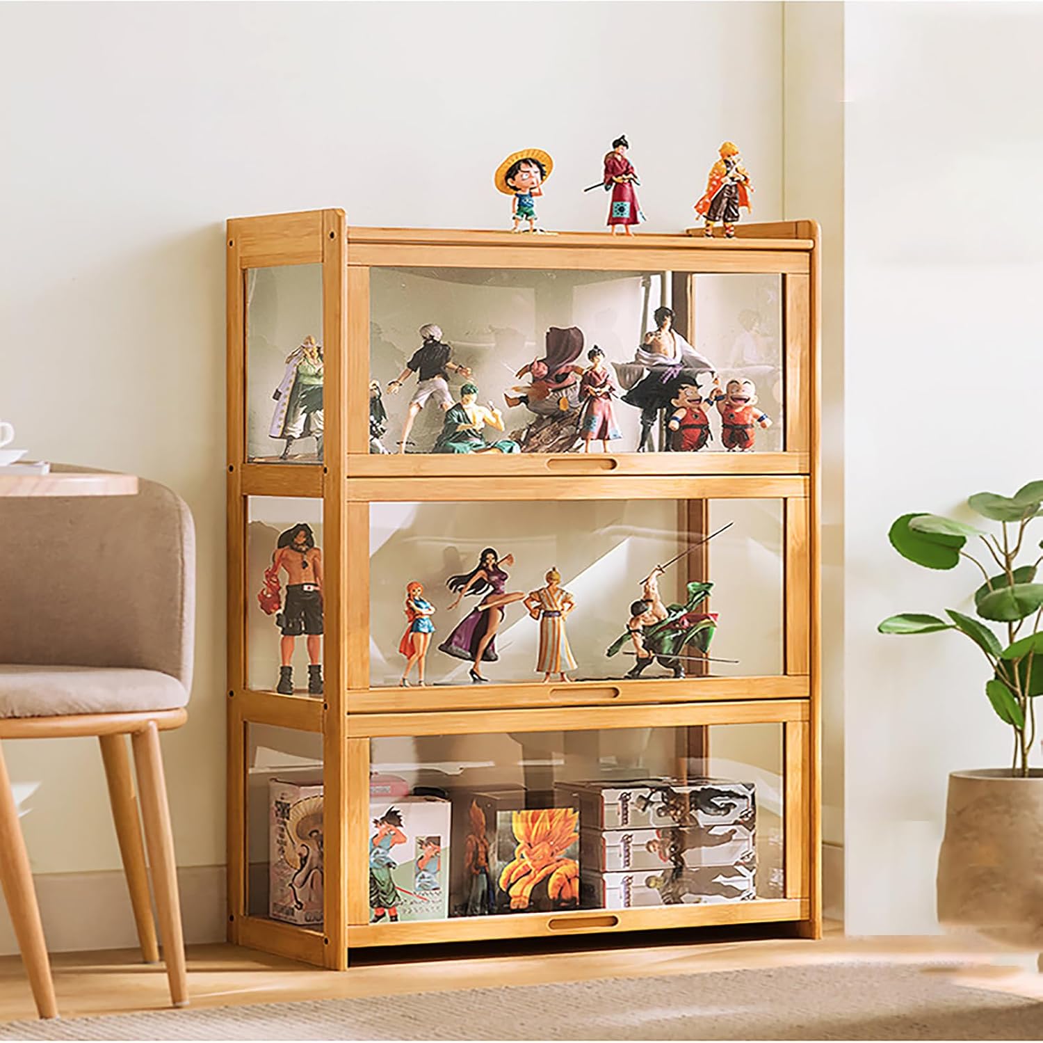 JSWHYBD Curio Display Cabinets with Acrylic Doors Display Cabinet 3-5 Tier High Capacity Display Cabinet Natural Bamboo Frame Clear Display Stand Flip and Hover Cabinet Door, Sealed and Dustproof