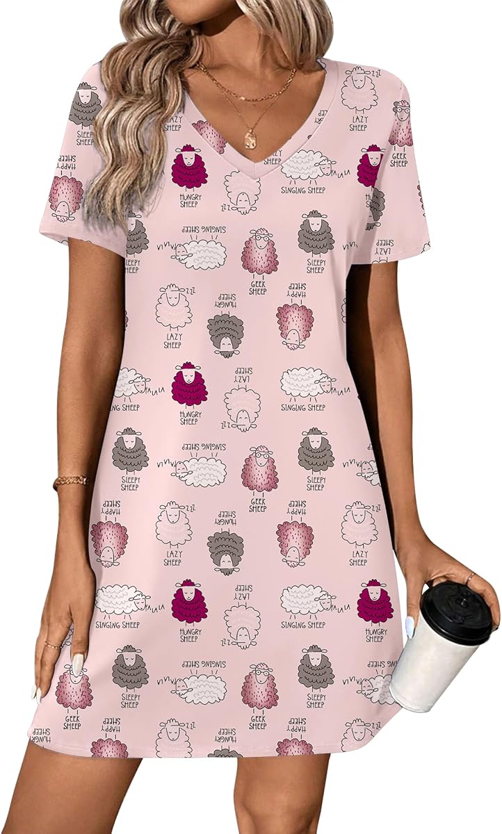 Ekouaer Camisones de algodón para mujer de manga corta | Camisas de noche de algodón, vestido de pijama suave, ropa de dormir suave, vestido de dormir con cuello en V, vestidos de noche para dormir, tiempo informal, salir