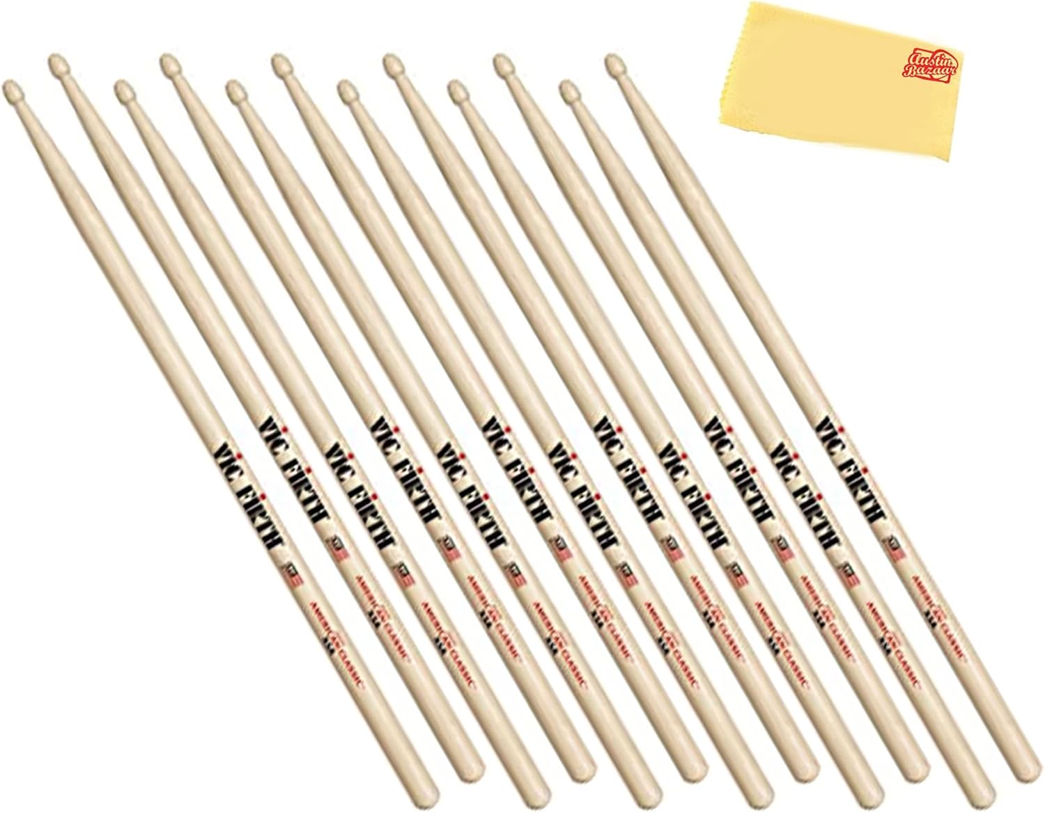 Vic Firth American Classic Drumsticks Extreme 5A - 6-Pack Bundle with Austin Bazaar Polishing Cloth