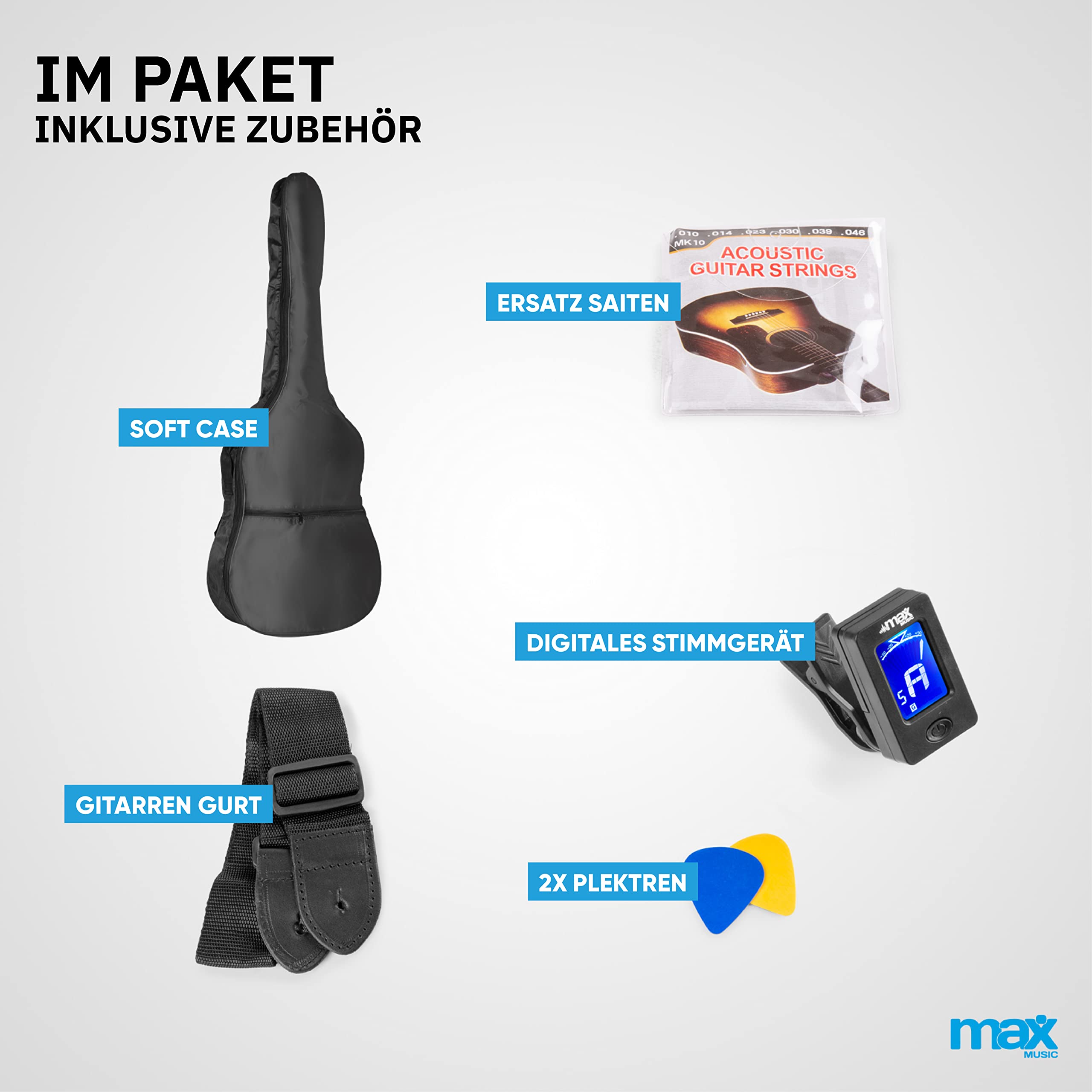 MAX ShowKit Elektro Akustik Gitarre Set mit Verstärker 40 Watt, Gitarrentasche, Gitarrenstimmgerät, Instrumentenkabel, Plektrum und E Akustikgitarre mit Tonabnehmer Schwarz