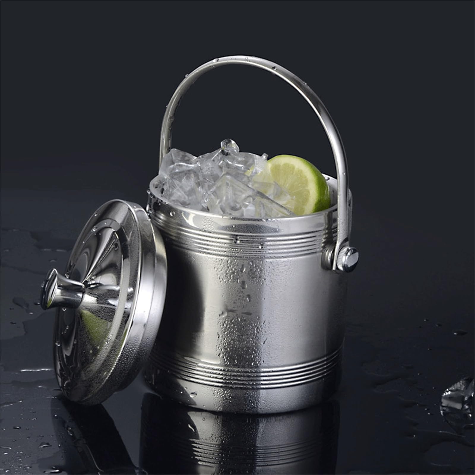 Cubo de champán Cubitera de Doble Pared Acero Inoxidable con Tapa y Pinzas for Hielo Cubo/Enfriador de Bebidas(Medio)