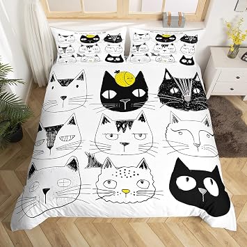 Cartoon Cat Duvet Cover Set Twin for Kids Black Grey 100% Microfiber 3 Pieces Girls Boys Bedding Set Mini Cats Drawing Pattern On White Comforter Cover with Fish Print Bedspreads for Child Room Decor