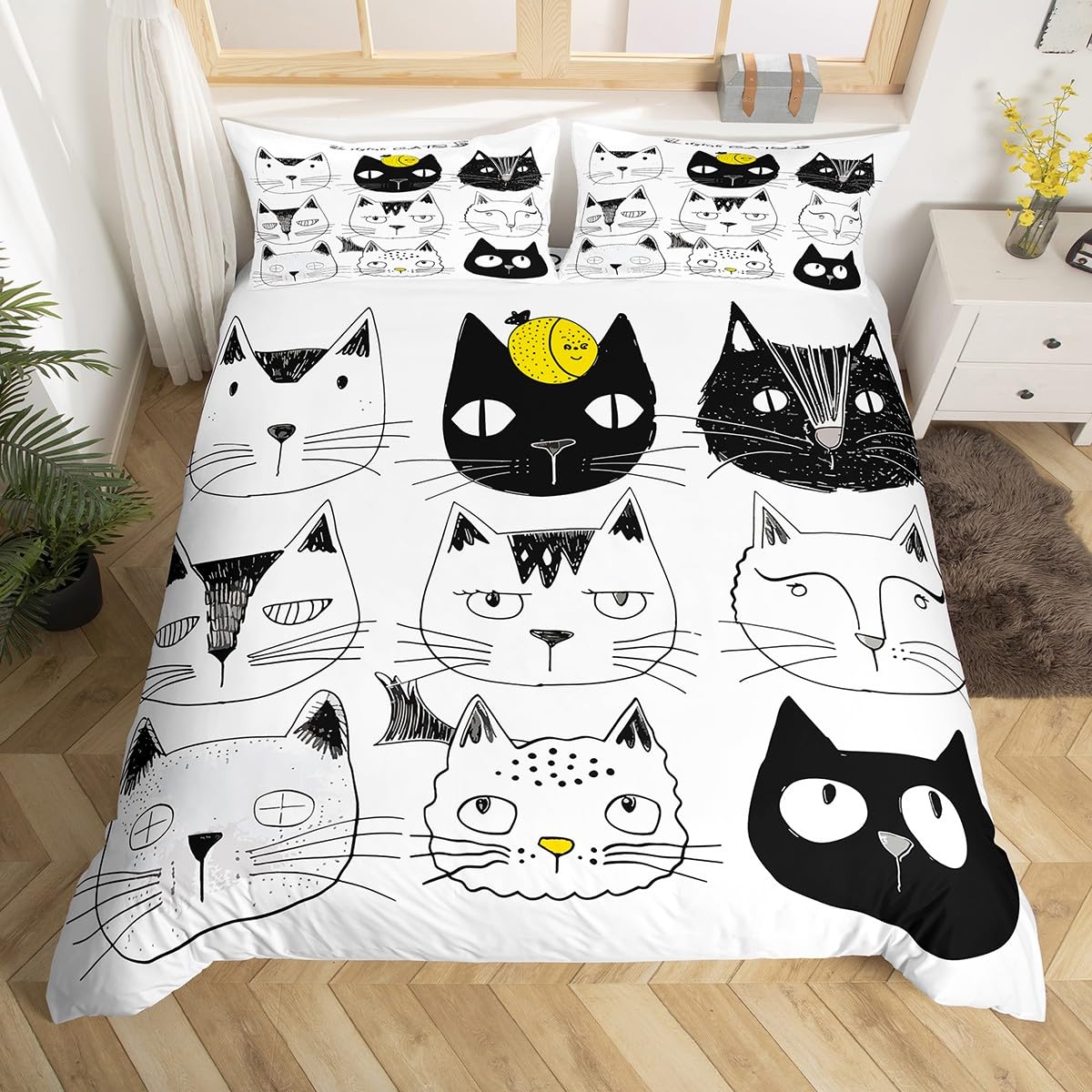 Homewish Cartoon Cats Duvet Cover Super King for Kids Teens Adults,Kawaii Kitten Quilt Cover,Hand Drawn Animal Bedding Set,Pets Bed Set with 2 Pillowcases Bedroom Decor