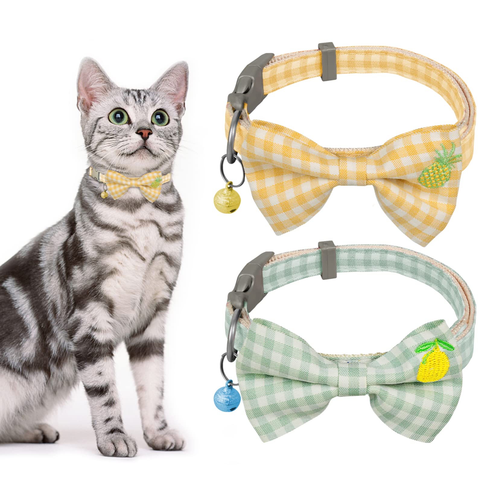 YONGQING Cat Collar with Bow Tie, Kitten Collar with Bell,Safety Buckle Cat Collar, 2 pcs Soft Tartan Collar, Cute Plaid Adjustable Cat Bow Tie Collar for Kitten Puppy (yellow+green)