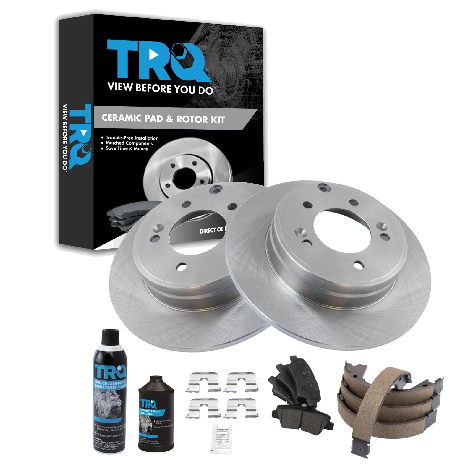 TRQ Rear Brake Pad &amp; Rotor Kit, with Chemical Kit Parking Brake Shoe Set Ceramic Compatible with 2015 Hyundai Sonata 2015-2015 Kia Optima