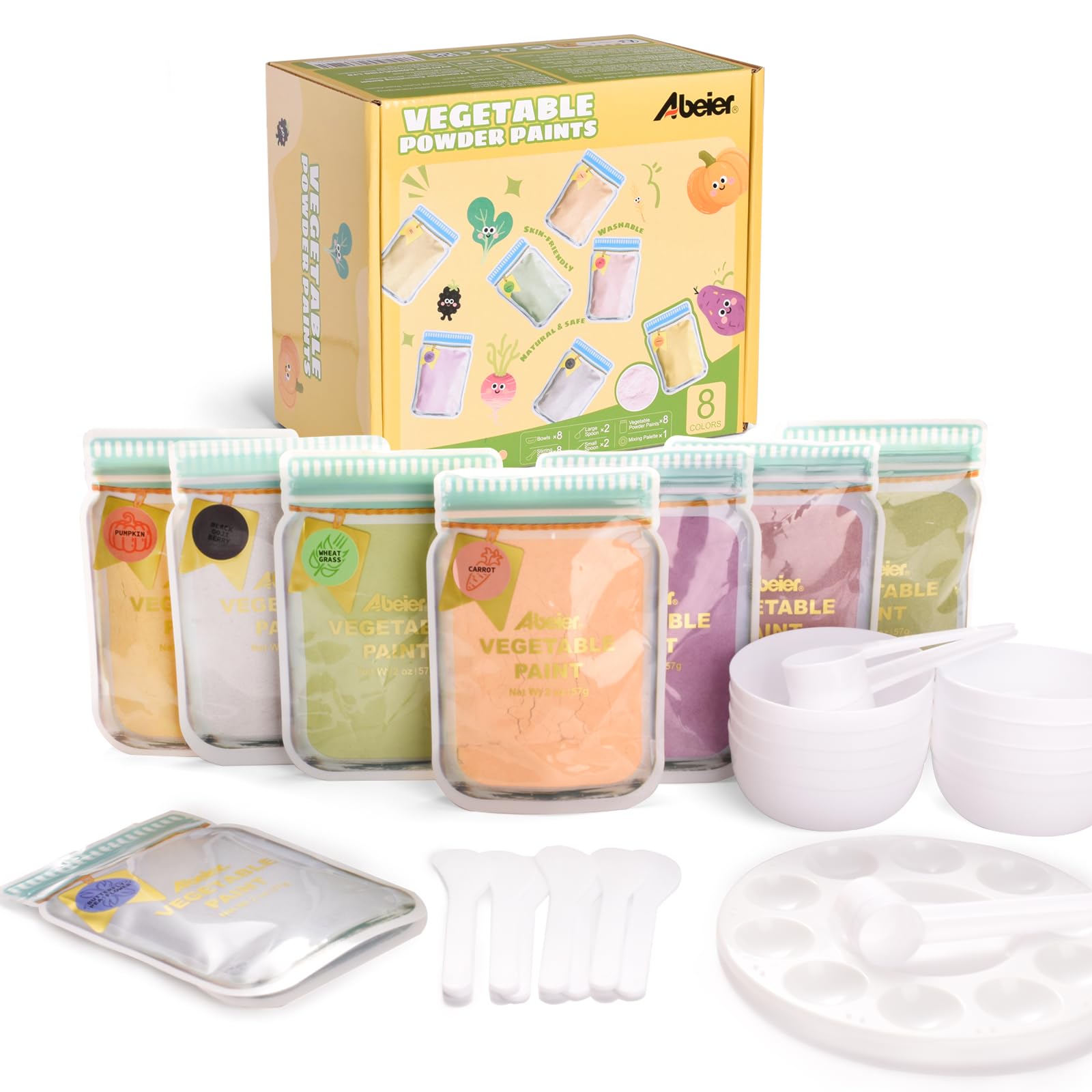 ABEIER Pinturas de dedos para niños, no tóxicas, 8 x 2 oz en polvo, lavable, color natural, pintura para huellas dactilares, accesorios de pintura seguros para guardería, escuela, aprendizaje temprano
