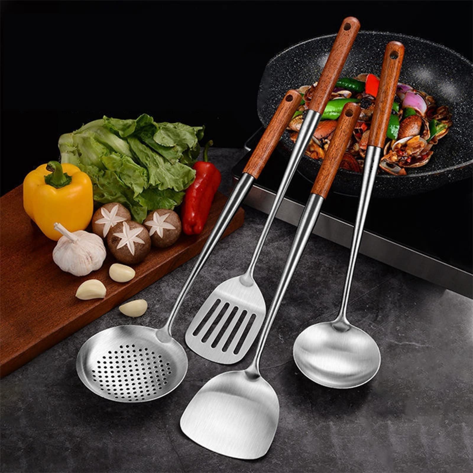 Spatules et cuillères de cuisine, ensemble de cuillères, ensemble d'ustensiles de cuisine, ensemble d'ustensiles de cuisine à long manche en acier inoxydable, spatule wok, spatule ajourée, cuillère à