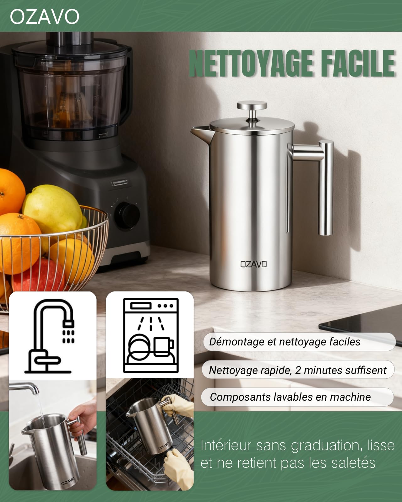 Caffettiere a Pistone Caffettiera Francese in Acciaio Inox, Capacità 1 L per 8 Tazze French Press Caffè, con 5 Filtri di Ricambio