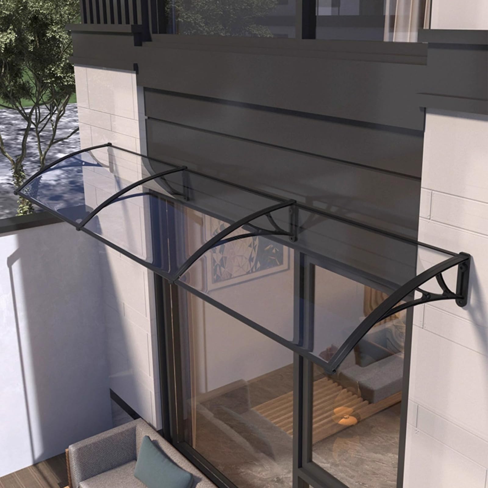 Toldo Exterior para Puertas y Ventanas, Tejadillo de Techo, Protección de Policarbonato, 60/80/100/120/150 Cm de Ancho, Negro y Transparente