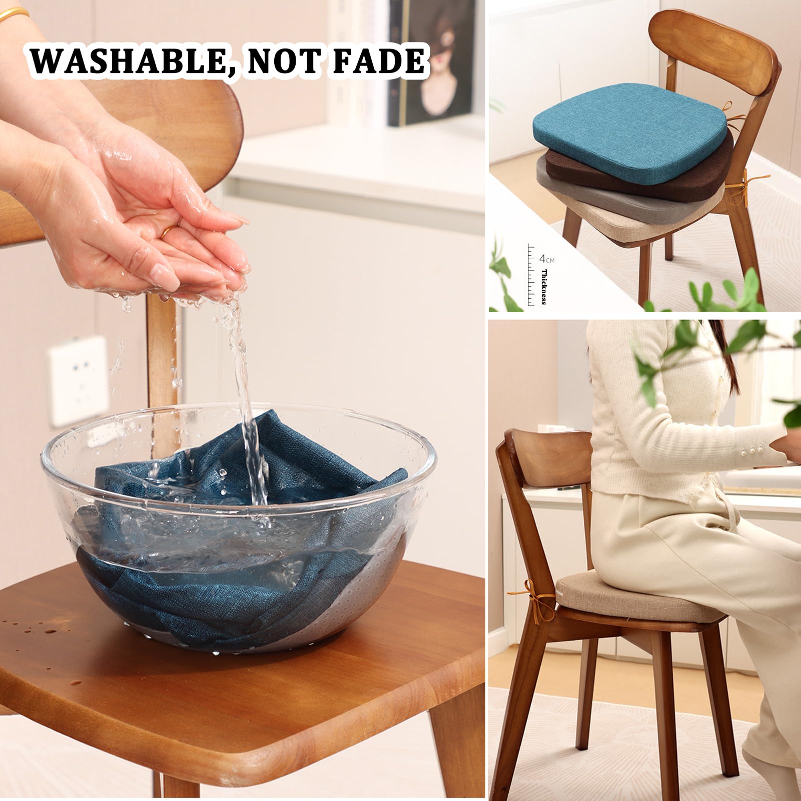 Set di 6 cuscini antiscivolo per sedia con laccetti, 40 x 40 cm, spessi cuscini per sedie da cucina e sala da pranzo, comodi cuscini decorativi, 4 cm di spessore