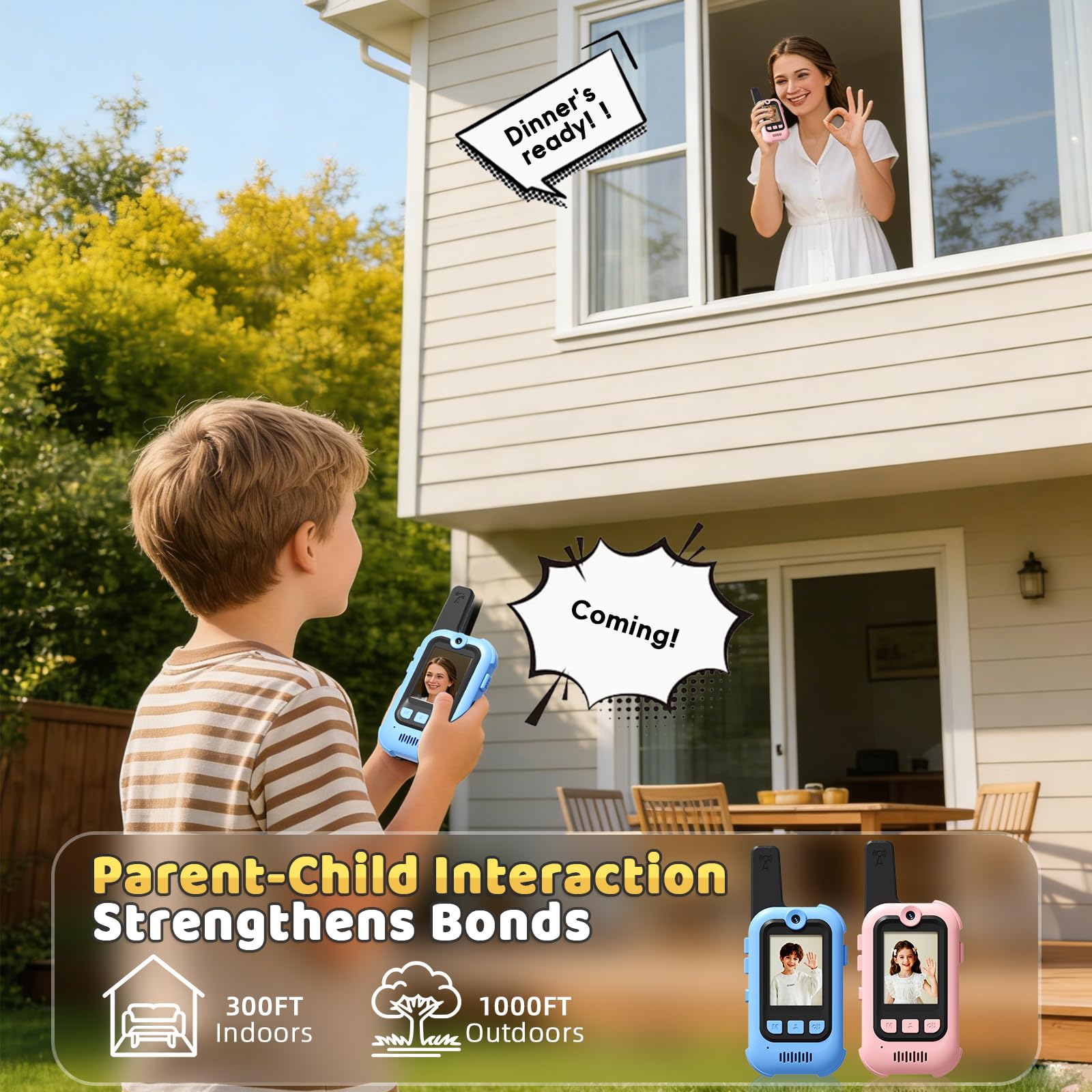 Video Walkie Talkies for Kids, 2 Pack Long Range Walkie Talkies with Screen & Voice Changer, Outdoor Toys for Boys Girls Ages 3-12, Family Games Birthday Gifts for Kids (Blue+Pink)