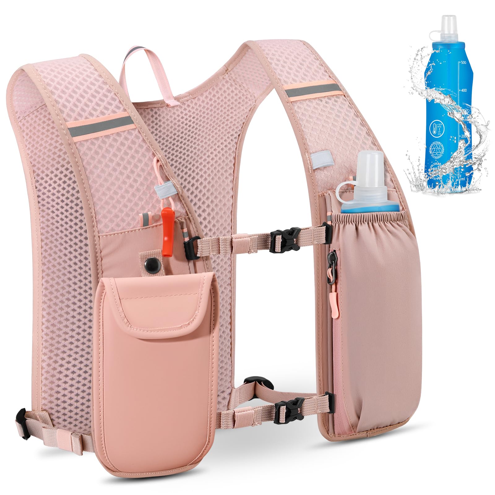 Running Vest for Men Women Lightweight Reflective Running Backpack Hydration Vest Pack with 500ml Water Bottle for Marathons Trail Running Cycling Hiking,Pink