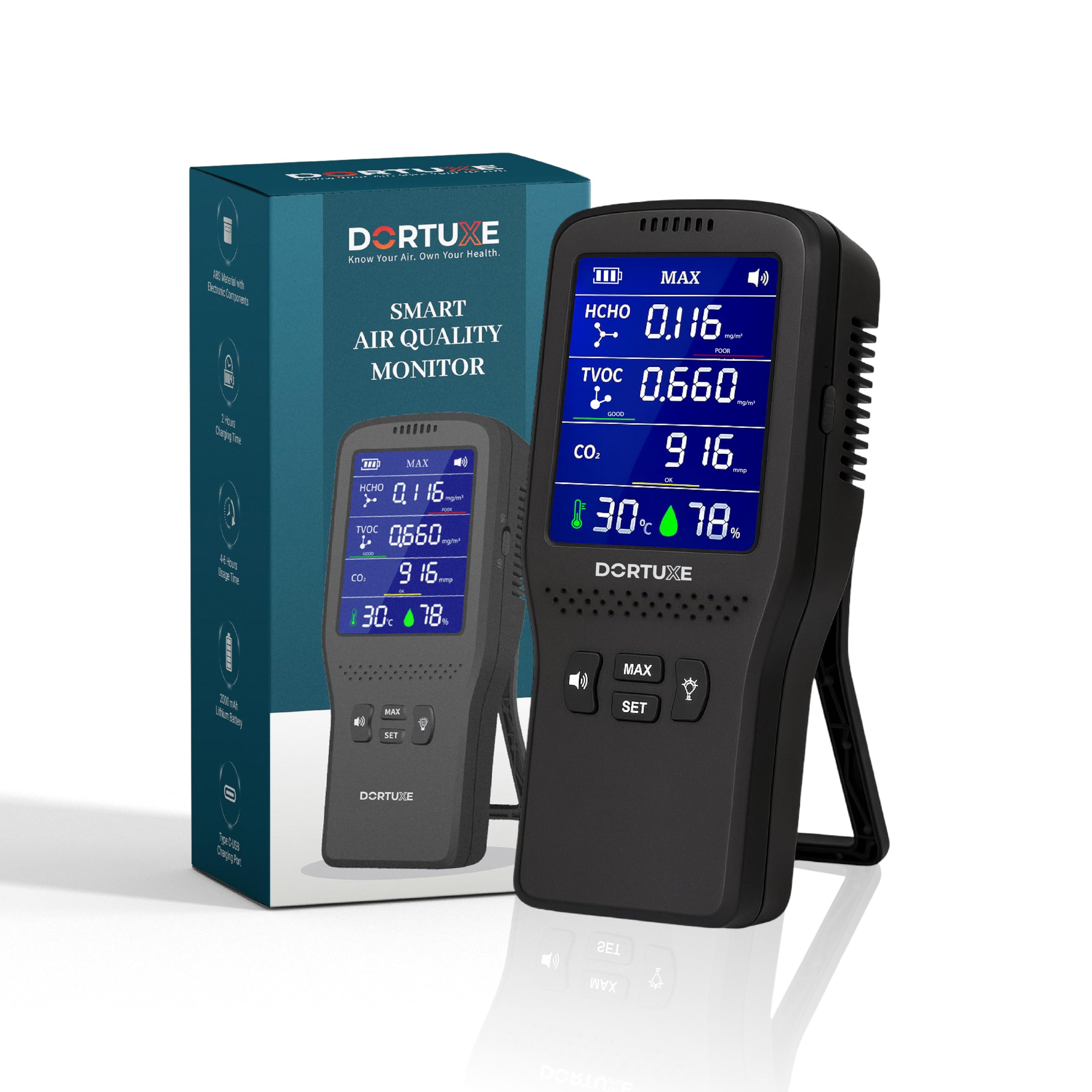 Dortuxe Portable Air Quality Pollution Detection Meter with Real-Time LCD Display, Accurate Sensor – Detects HCHO, TVOC, CO₂, Temperature and Humidity Tester - Ideal for Indoor, Home, Office, Car, Gym-image-10