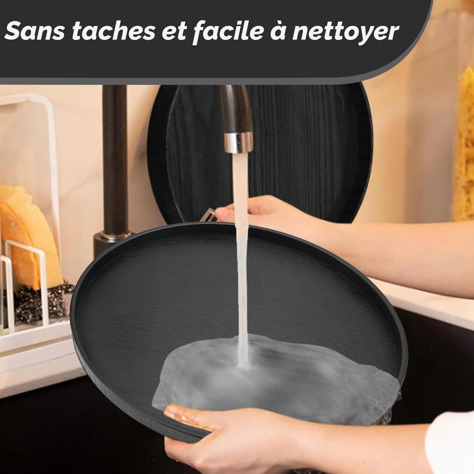 Plateau de Service Rond en Bois Massif, Noir, 37,5 cm, pour Thé, Café, Collations et Repas