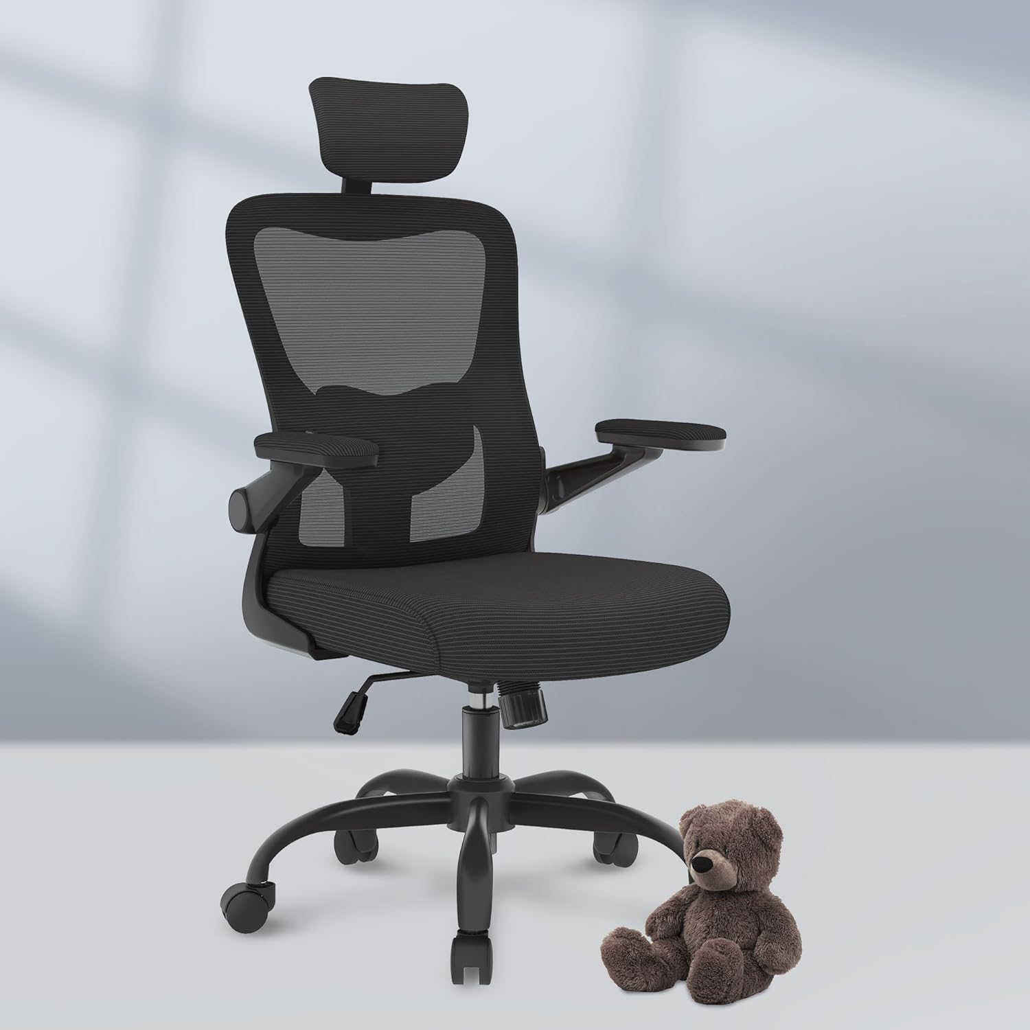 FLEXISPOT Ergonomic Office Chairs Mesh Computer Desk Chair with 3D Flip-up Armrests Adjustable Headrest and Lumbar Support Comfy High Back Rolling Task Chair with Swivel Wheels, Black