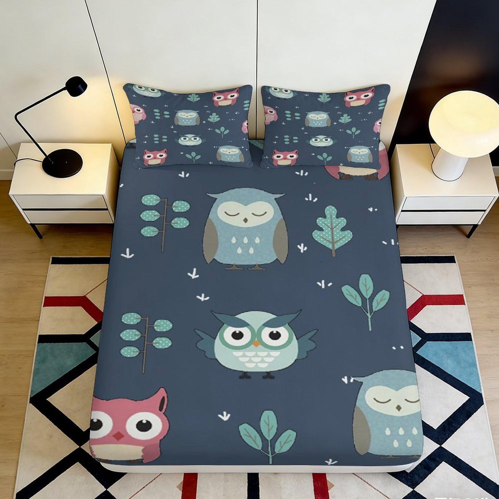 3D Printed Owl Forest Fitted Sheet Microfiber Anti-Slip Cartoon Animals Mattress Cover for Bedroom Dorm Protection Decor 200x200x25cm