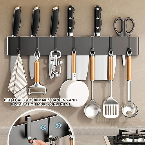Miniatura 7 de Colgador de utensilios de cocina soporte para colgar en pared, 7 ganchos, sin taladrar para cocina, despensa, baño, sala de estar de 15.75 pulgadas