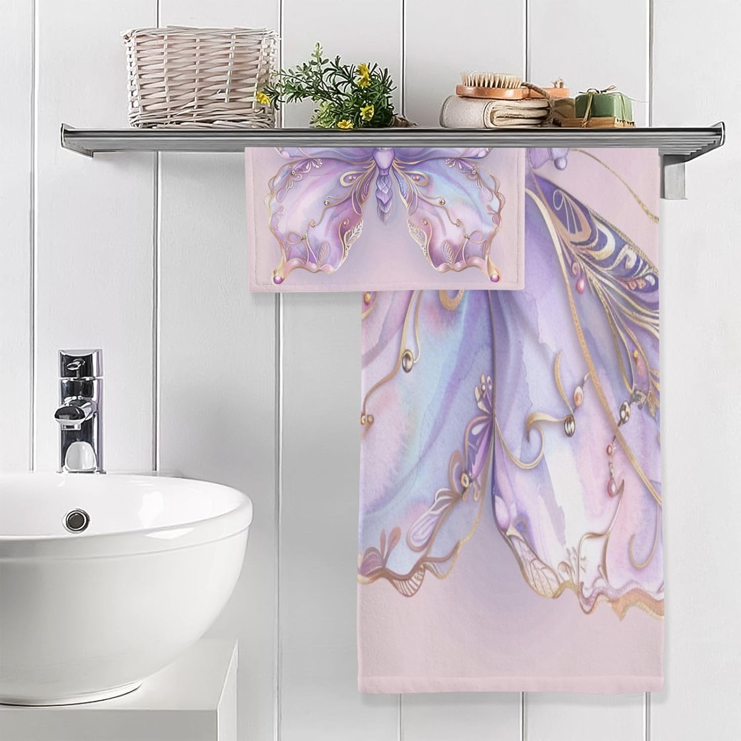 Hand Towels Premium Soft and Highly Absorbent Magical Butterfly 2 Pcs Towels for Bathroom Set 100% Cotton Decorative Face Towels