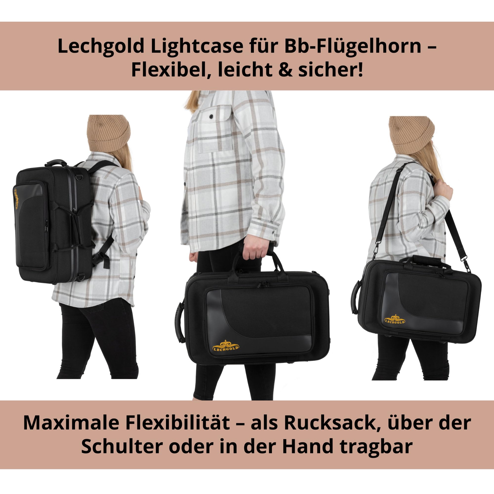 Étui Léger Lechgold Pour Bugle Bb - Lightcase Pour Tous Les Bugles Courants Avec Soupapes Perinet - Rembourrage Thermique - Poche Extérieure - Harnais De Sac À Dos - Embouchure Et Accessoires - Noir