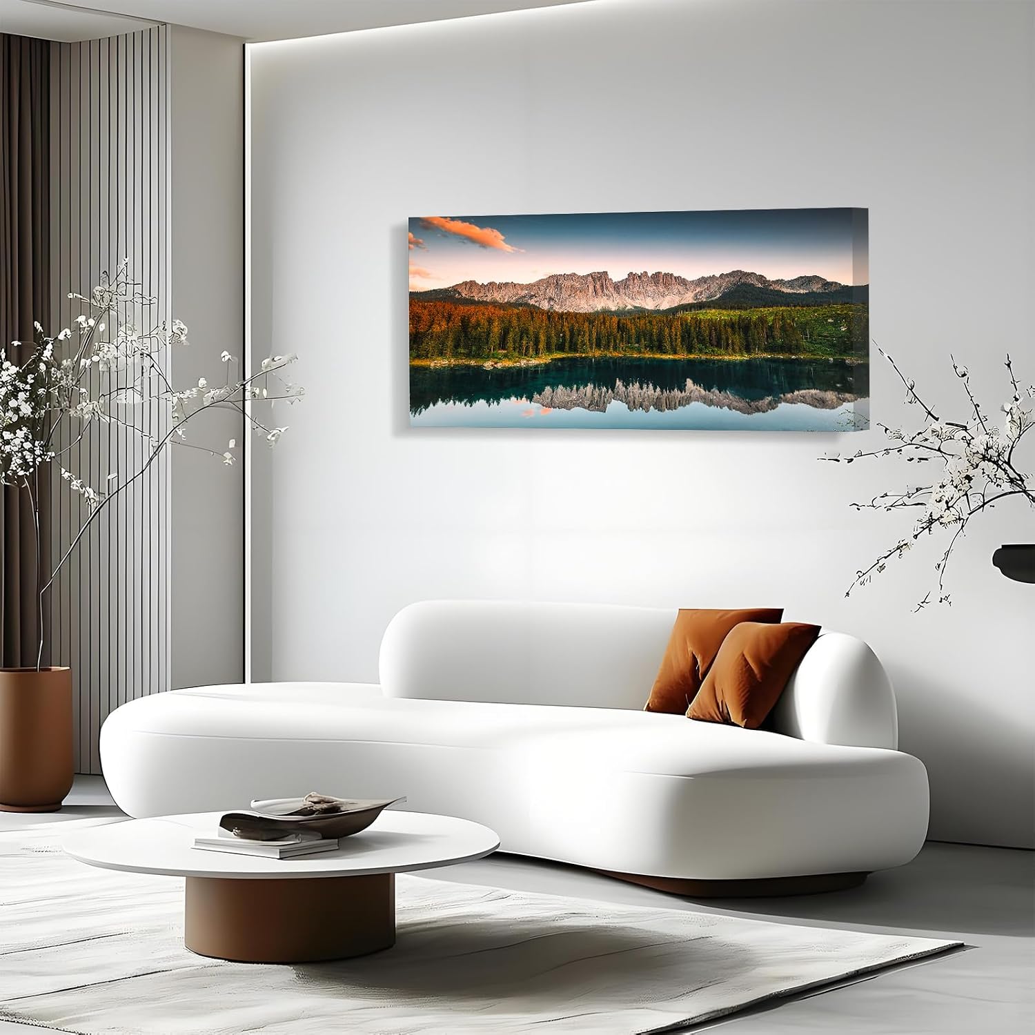 Craftline - Karersee Lake Canvas Wall Art Dolomites Lago Di Carezza Alpine Lake Photo Italy Sunset Nature Landscape Picture Modern Poster Framed Artwork for Living Room Office Bedroom Decor 32x16inch