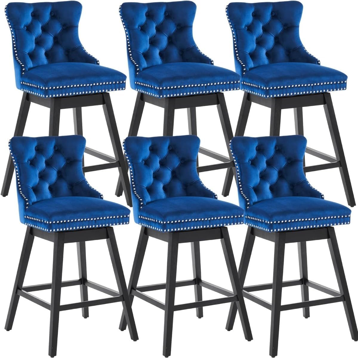 30" Counter Height Bar Stools Set of 3, Velvet Swivel Bar Stools with Tufted Back, Nailhead Trim & Wood Footrest, Upholstered Bar Height Stools for Kitchen Island, Home Bar (Gray, 3)