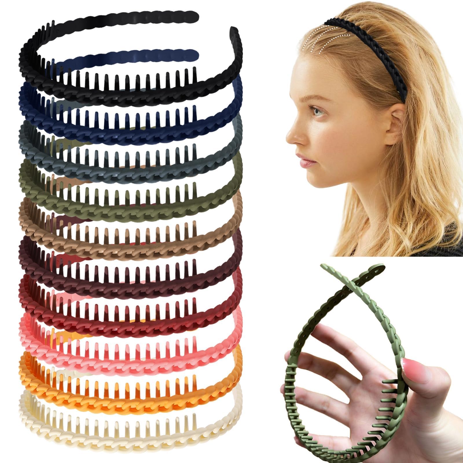 Kasmena 10 Pcs Plastic Headbands with Teeth, Comb Head Bands for Women's Hair Accessories, Thin Headbands for Women, Girls & Teens, Style-7