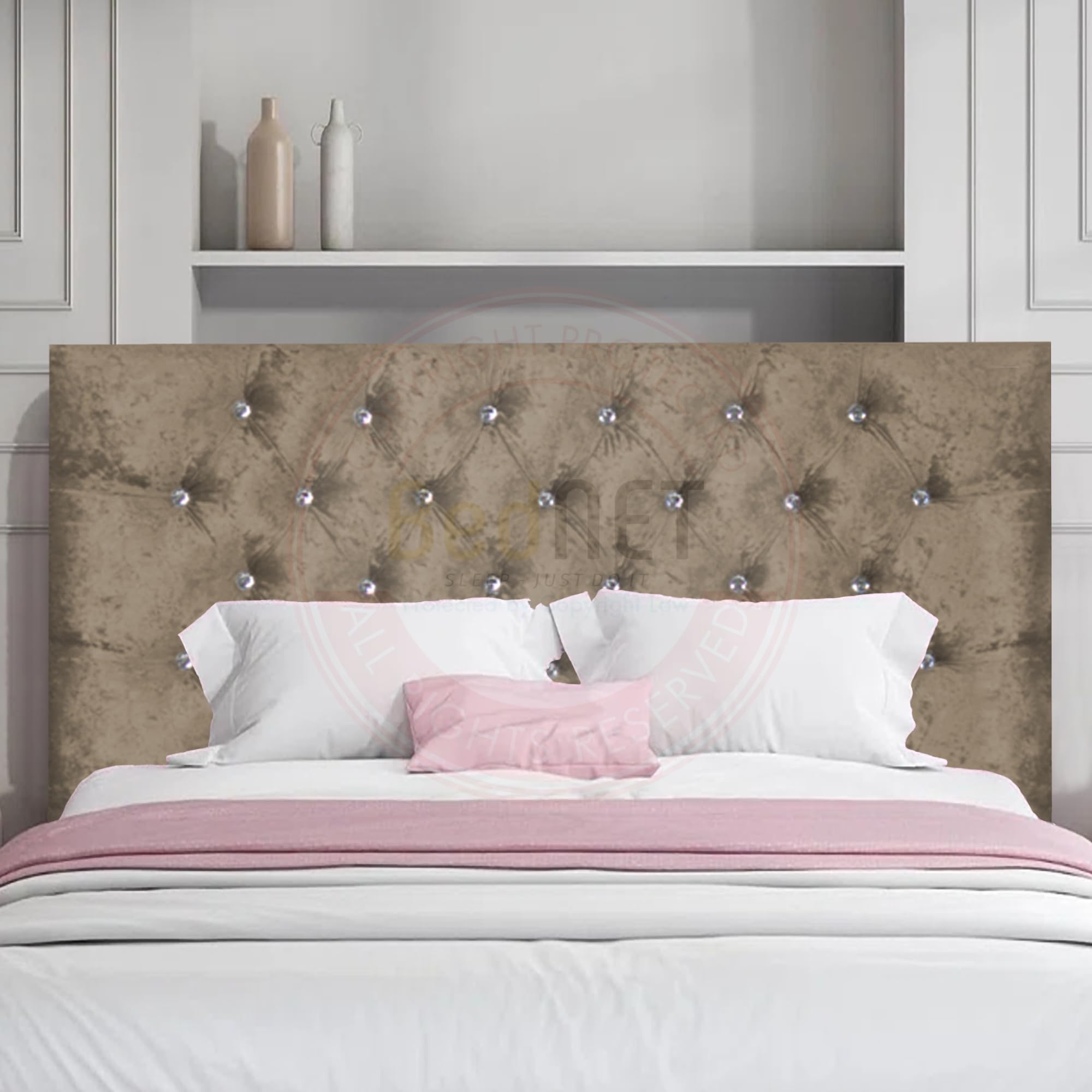 BEDNET Champagne Crushed Velvet Chesterfield 20" Height Padded Lined Headboard Superking Divan bed Headboards (Champagne - 20 Inch, 6FT - Superking)