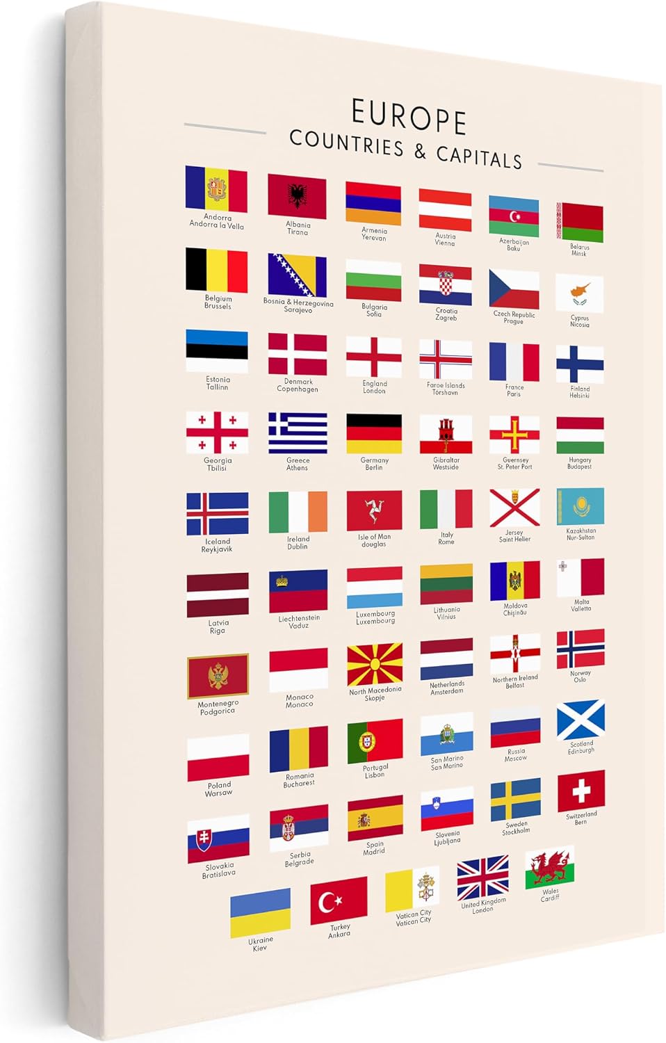 Poster Master Flags of Europe Canvas - European Countries & Capitals Print - Learning Materials Art - Gift for Student & Teacher - Wall Decor for Classroom or Library - 8x10 STRETCHED Canvas