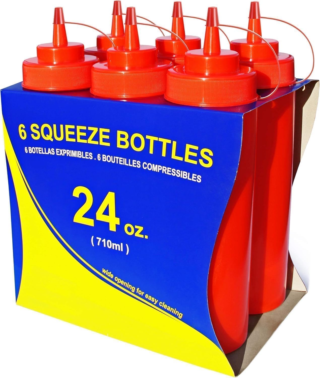 New Star Foodservice 24 oz Red Wide Mouth Squeeze Bottles, Leakproof Condiment Dispensers, Pack of 6 - BPA-Free & Dishwasher Safe