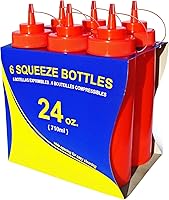 New Star Foodservice 24 oz Red Wide Mouth Squeeze Bottles, Leakproof Condiment Dispensers, Pack of 6 - BPA-Free & Dishwasher Safe
