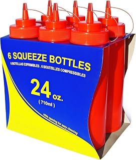 New Star Foodservice 24 oz Red Wide Mouth Squeeze Bottles, Leakproof Condiment Dispensers, Pack of 6 - BPA-Free & Dishwasher Safe