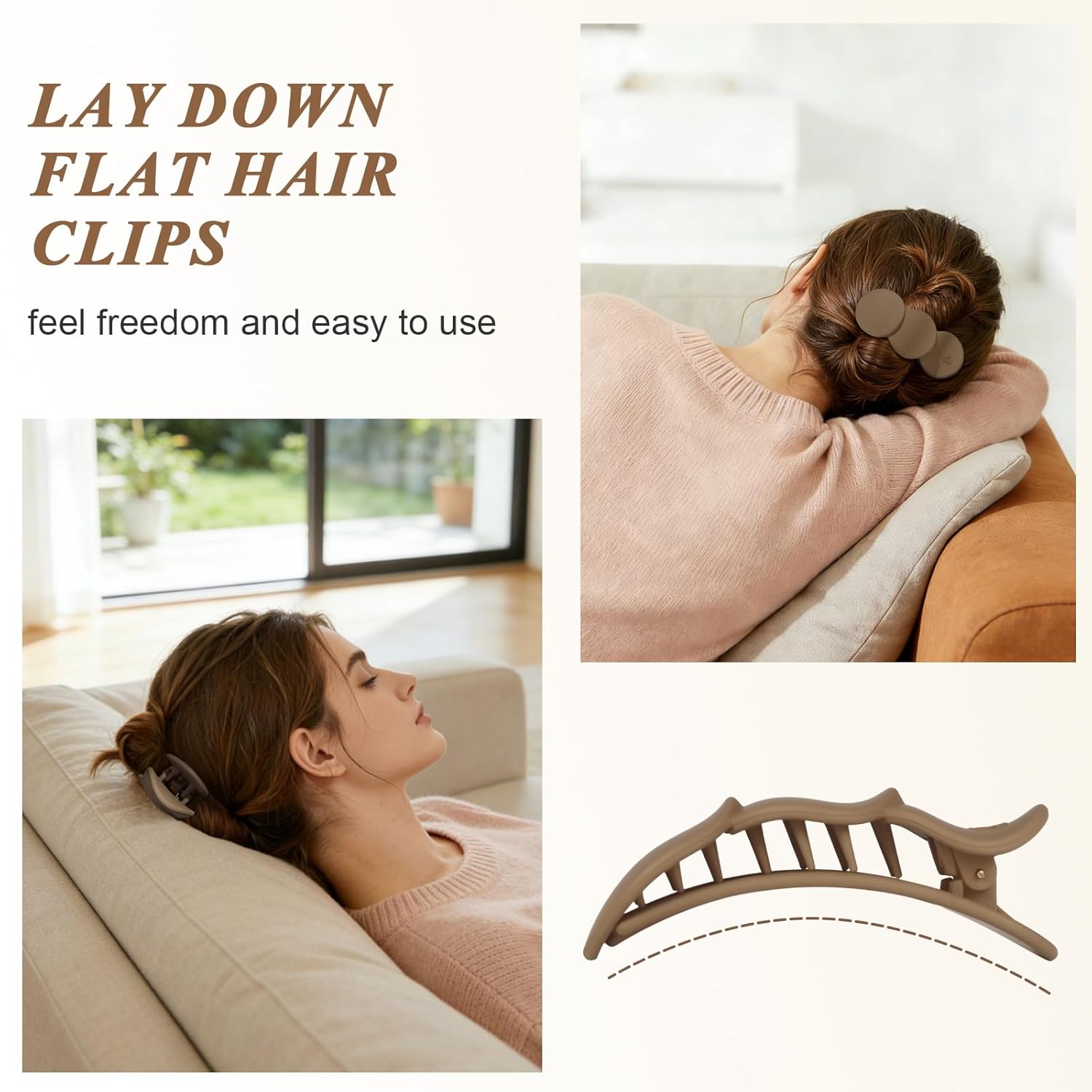 Medium Flat Hair Clips for Women, French Claw Clips for Thick Thin Hair, Lay Down Hair Clips for Styling, Duckbill Side Hairclips for Driving Yoga - Beige, Light Khaki, Dark Khaki, Black, 4pcs - Image 5